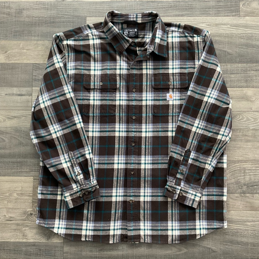 Carhartt Heavyweight Flannel Loose Fit Shirt Men’s 2XL Brown Plaid 105078 DKB